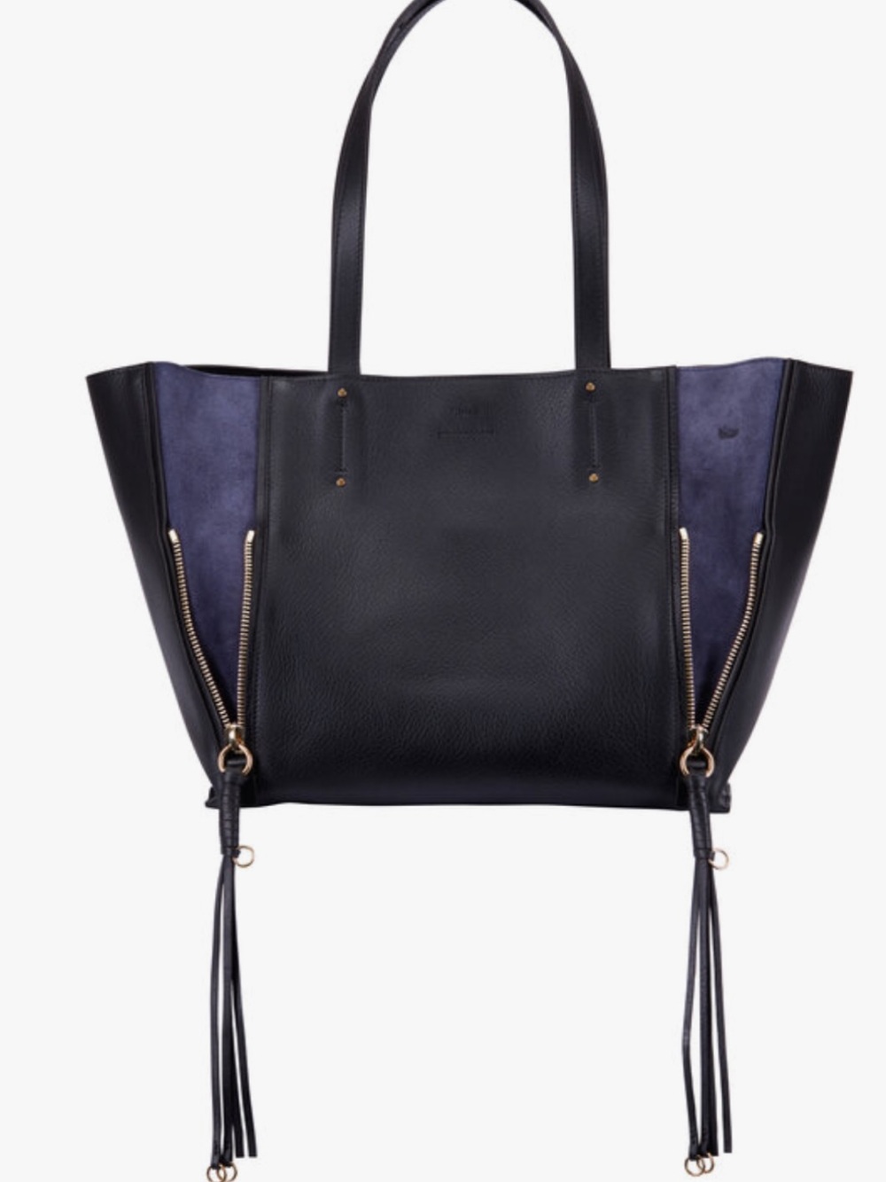 Chloe Milo black tote bag with blue suede insets with gold hardware